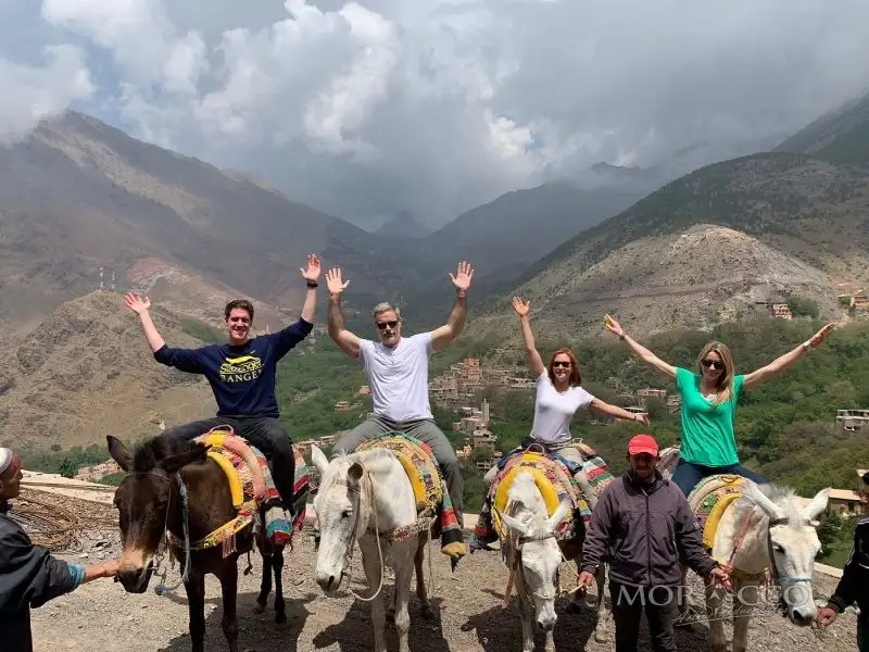 Smiling travellers riding mules with local guides in the Imlil valley of the High Atlas, Morocco